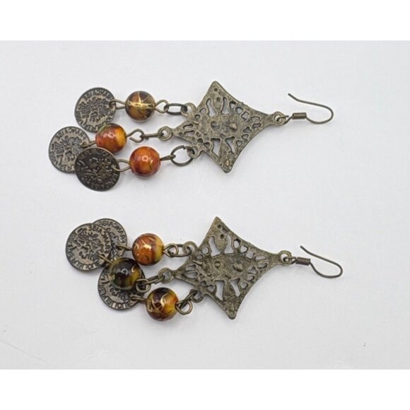 Vintage French Coin Chandelier Earrings Dangle with Orange Rhinestones Retro - Picture 2 of 6